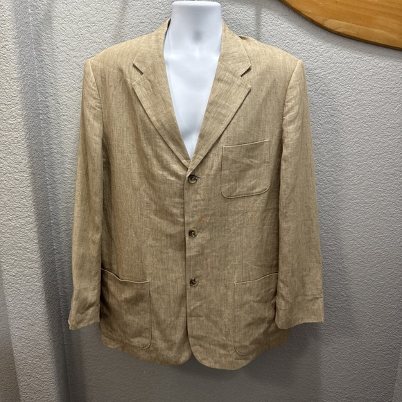 Tasso Elba Sportcoat Jacket Blazer Men's Large Beige Khaki 100% Linen Old Money - Picture 1 of 7